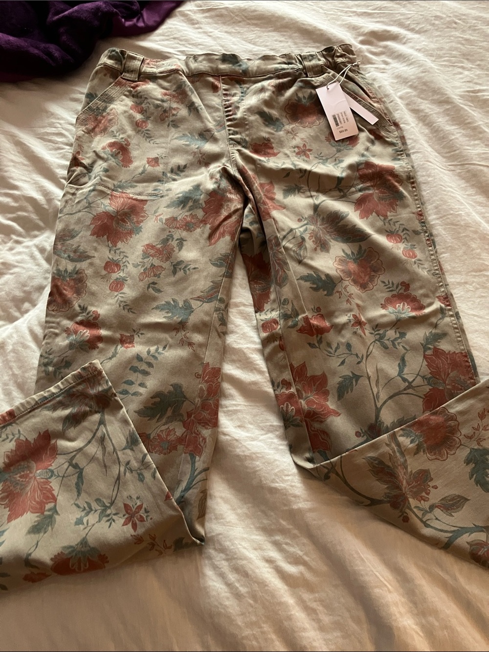 Soft Surroundings Floral Print Wide-Leg Pants in Taupe with Rust and Sage